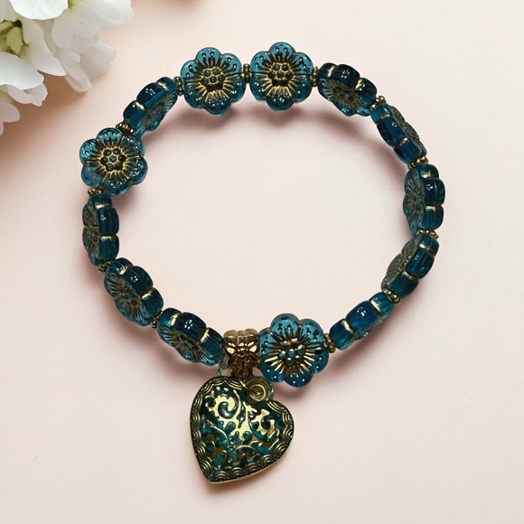 Hand Crafted Jewelry - Hand Crafted Teal Flower Glass Bead Bracelet with Filigree Heart Charm
